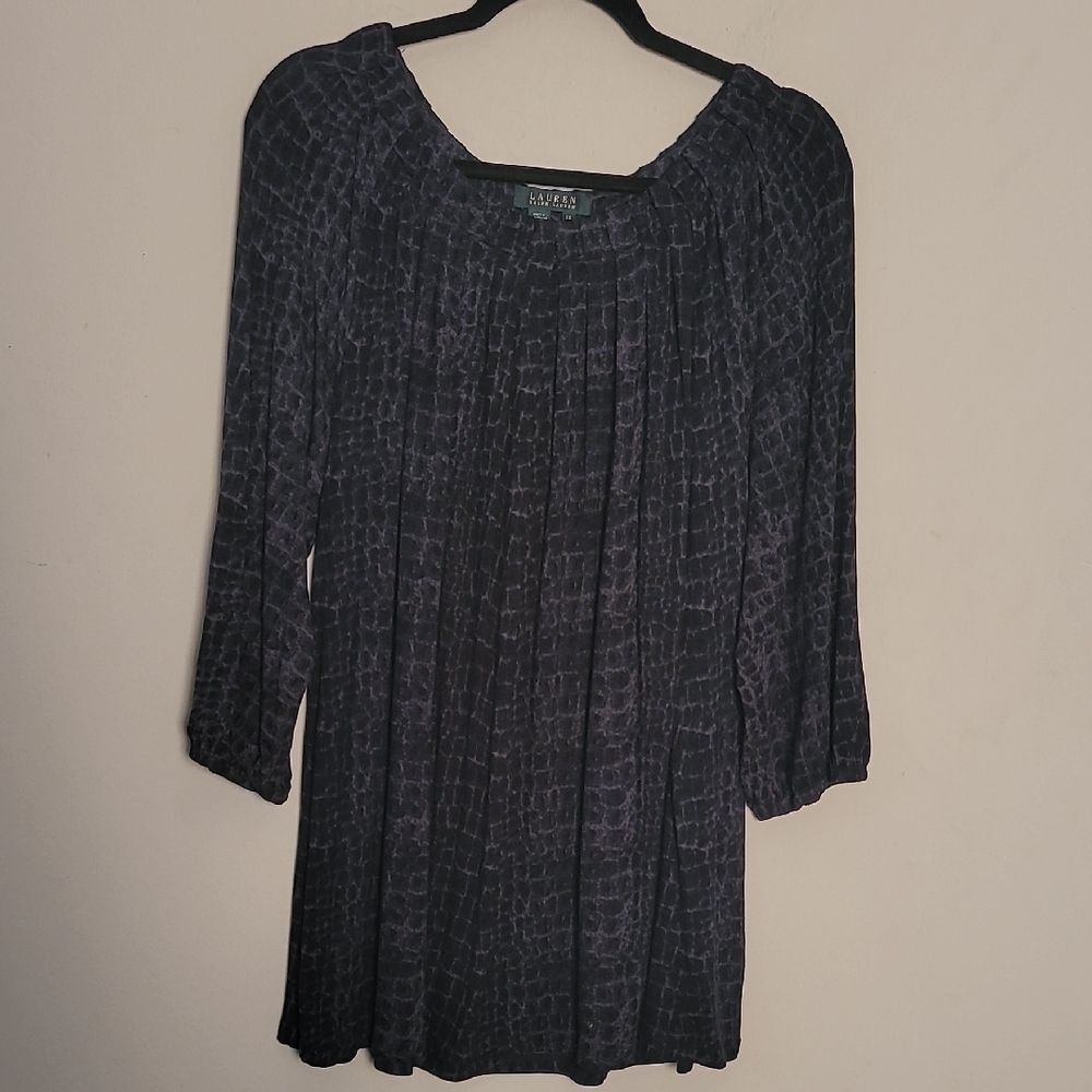 Lauren RK Dark Grey Croc Print Boat Neck Pleated Top Sz 2X Boho Mature